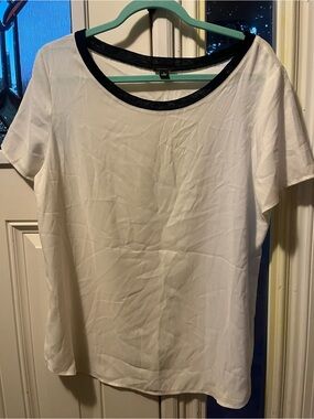 LOFT White Short-Sleeve Blouse with Black Trim